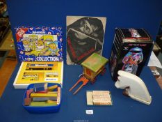 A box of miscellaneous toys, etc including; WWII period wooden toys,