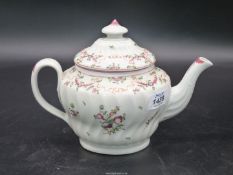 A late 18th century English porcelain teapot painted with flower,no lid, some hairline cracks.
