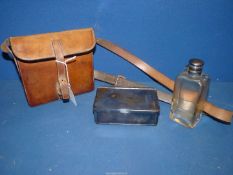 A leather cased vintage hunting Sandwich Box with glass flask and metal food tin by Pinnigans Ltd.
