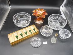 A box of five green stemmed glasses, two cut glass bowls and Carnival glass vase.