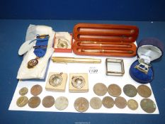 A small quantity of miscellanea including coins, medals,Swan fountain pen,