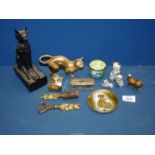 A small quantity of miscellanea including a Silver lidded glass pot, cloisonne cats,brass cat,