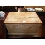 A small vintage Pine school tuck box/chest of small dimensions, 25" x 15 1/8" x 14 1/4" high.