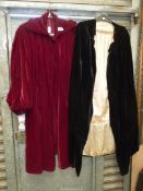 A vintage Rumonte red velvet lady's mid length Coat with single button fastening and bishop sleeves