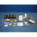 A leather Collar box, a/f and contents including bottle stopper, napkin rings, Hudson & Co.