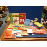 A box of vintage games and Meccano including Larry the Lamb, Snakes & Ladders, Lotto, Lego, etc.
