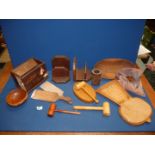 A quantity of treen including gavels, bookends, collection box etc.