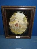 A 19th century small oval Needlework of a gentleman in Tudor dress hunting with a hawk,