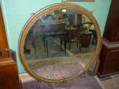 A very large circular gilt coloured mirror having moulded decoration, some losses. 42 3/4" diameter.