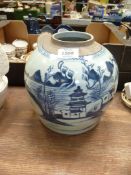 A large Oriental ginger jar, no lid, crack to base and sides, 8" tall.