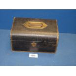 A Victorian jewellery box in black leather having a russet red lining (a/f), (no key present).