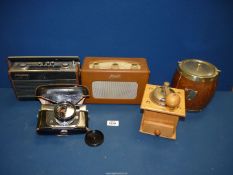 A box of miscellanea including two vintage Roberts radios, coffee grinder,