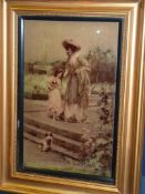 A framed crystoleum of a lady and a girl in a garden with two dogs, 13'' x 9 1/2''.