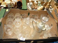 A quantity of glass including set of six etched dessert wine glasses, four etched sundae dishes,