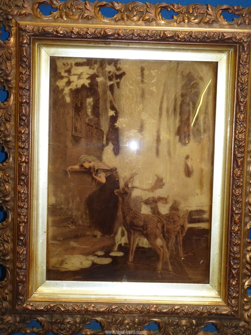 A Victorian Crystoleum of a woman and a deer, 21'' x 17''.