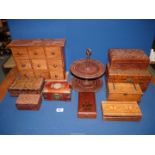 A quantity of treen boxes including jewellery box having carved oak leaf decoration,