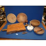 A quantity of Kitchenalia including heavy rustic chopping board, two bread boards, two wooden bowls,