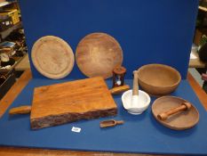 A quantity of Kitchenalia including heavy rustic chopping board, two bread boards, two wooden bowls,