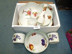 A Royal Worcester 'Evesham' fruit bowl and oval dish, small jug etc plus 'Evesham Vale' cups,
