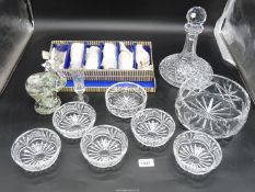 A quantity of glass including; ships decanter, cut glass fruit bowl (chip to rim),