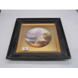 A framed display Plate with hand painted design of a cattle drover and dog bringing cattle to a