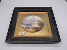 A framed display Plate with hand painted design of a cattle drover and dog bringing cattle to a