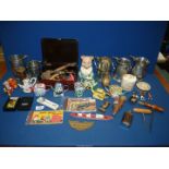 A quantity of miscellanea including pewter tankards, an Ellgreave Piggy bank,