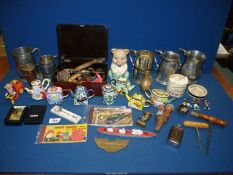 A quantity of miscellanea including pewter tankards, an Ellgreave Piggy bank,