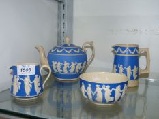 A Copeland Spode teapot, sugar bowl, large jug and small jug.
