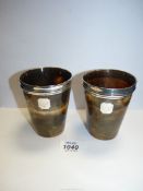 A pair of Horn beakers with small silver plaques with monograms on and silver rims, no hallmarks.