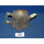 A 19th century Chinese incised Paktong metal teapot having jade spout, handle and finial,