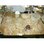 A quantity of glass including epergne on plated stand, crown shaped flower vase, bud vases,