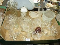 A quantity of glass including epergne on plated stand, crown shaped flower vase, bud vases,