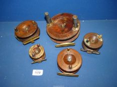 Five antique wooden Fishing reels, various sizes, the largest being 6'' diameter.