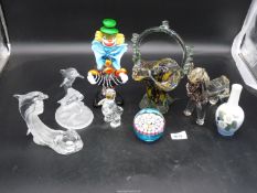 A quantity of glass including Murano clown, Lennox Dolphin, tea light holder,