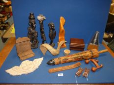 A quantity of treen including three African wooden sculptures,