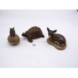 Three Poole Pottery animals; fawn, mouse and tortoise.