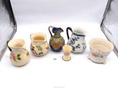 A small Honiton posy vase and jug, Royal Doulton Lambeth jug 7 1/2'' tall, floral wall plate,