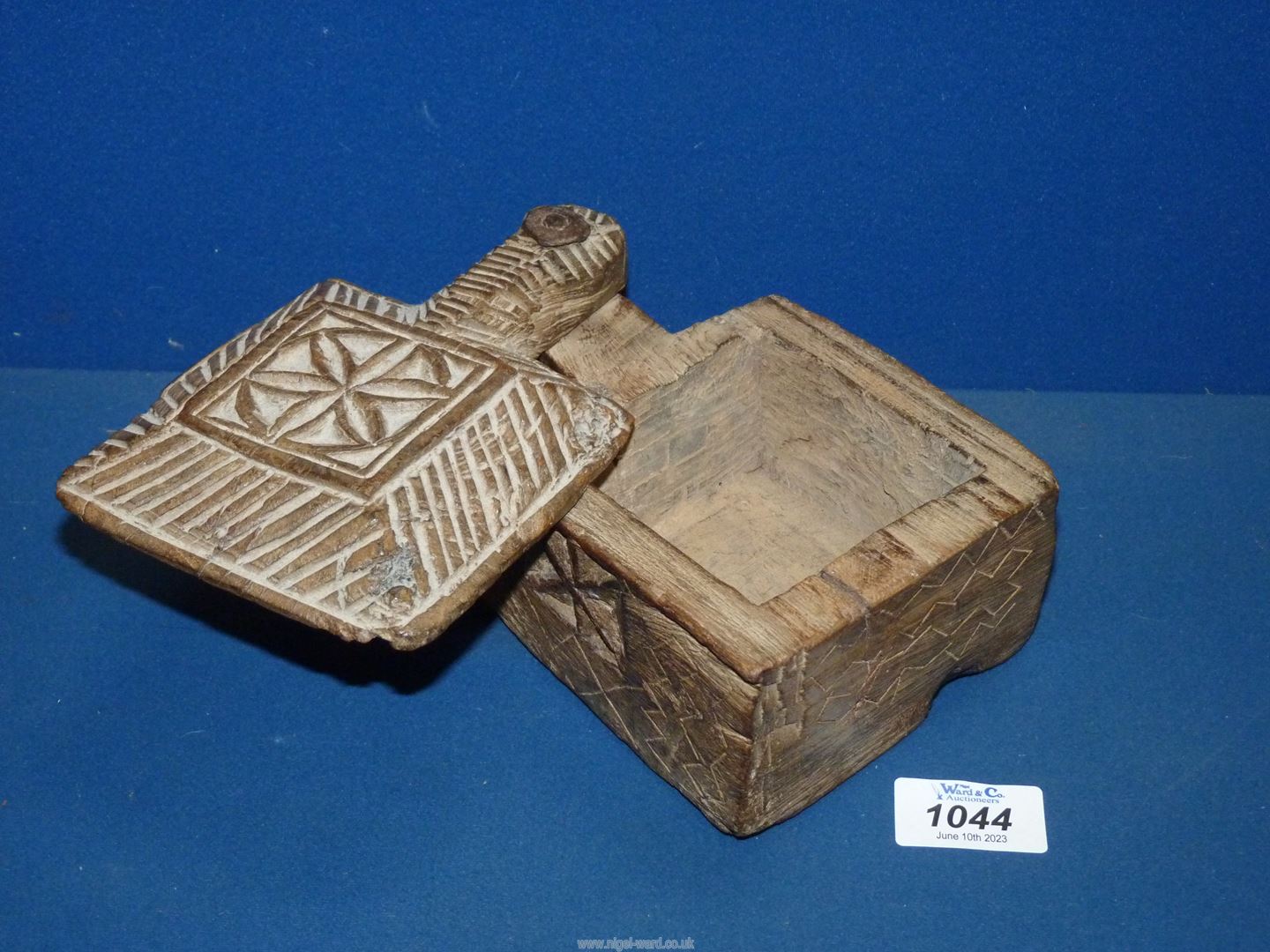 A Spice box with swivel lid and having carved geometric design, 7'' x 5'' x 3 1/2''. - Image 2 of 4