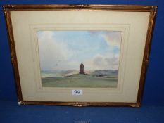 A framed and mounted Watercolour depicting a country landscape with a wooden building on a hill and
