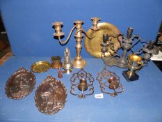 A quantity of mixed metals including plated Candelabra, candle sconces, brass wall plaque,