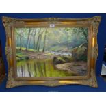 A large ornate gilt framed Oil on canvas depicting a river meandering through a wooded glade,