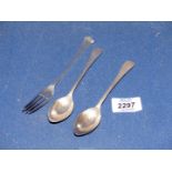 A pair of Silver teaspoons by Walker & Hall, Sheffield 1927 and a Sheffield 1895 silver fork,