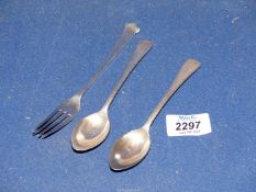 A pair of Silver teaspoons by Walker & Hall, Sheffield 1927 and a Sheffield 1895 silver fork,