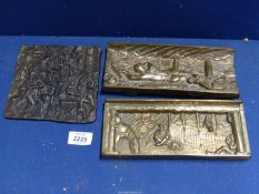 Three brass/bronze plaques; Welsh miners scenes, foundry workers, etc.