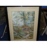 Lloyd Bond: a watercolour of trees and a stream, 21 1/2'' x 15''.