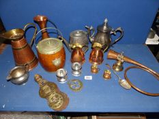 A quantity of miscellaneous copper jugs, horse brasses, Epns coffee pot, copper hunting horn,