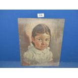 An unframed Oil on panel depicting a young girl in a white dress, no visible signature.