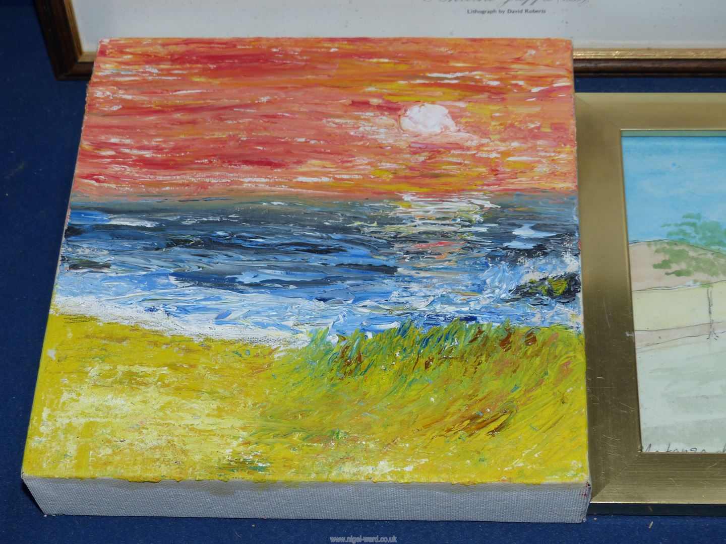 A quantity of pictures to include; an Oil on canvas of a beach scene at sunset, - Image 3 of 5