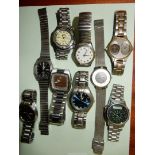 Nine gentleman's quartz movement metal wristlet wristwatches including Seio Sports 100 Day/Date,